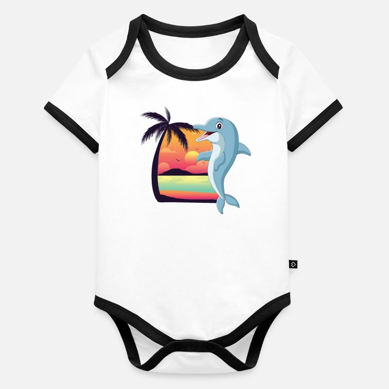 Dolphin Beach Palm Tree Coucher De Soleil Body Bébé bio contrasté manches courtes