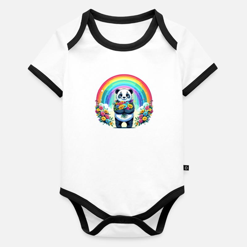 Panda mignon devant un arc-en-ciel avec des fleurs Body Bébé bio contrasté manches courtes