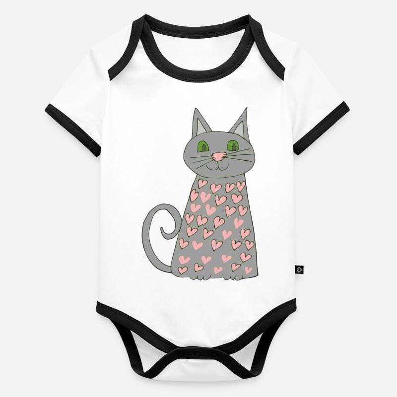 Chat avec des cœurs Body Bébé bio contrasté manches courtes