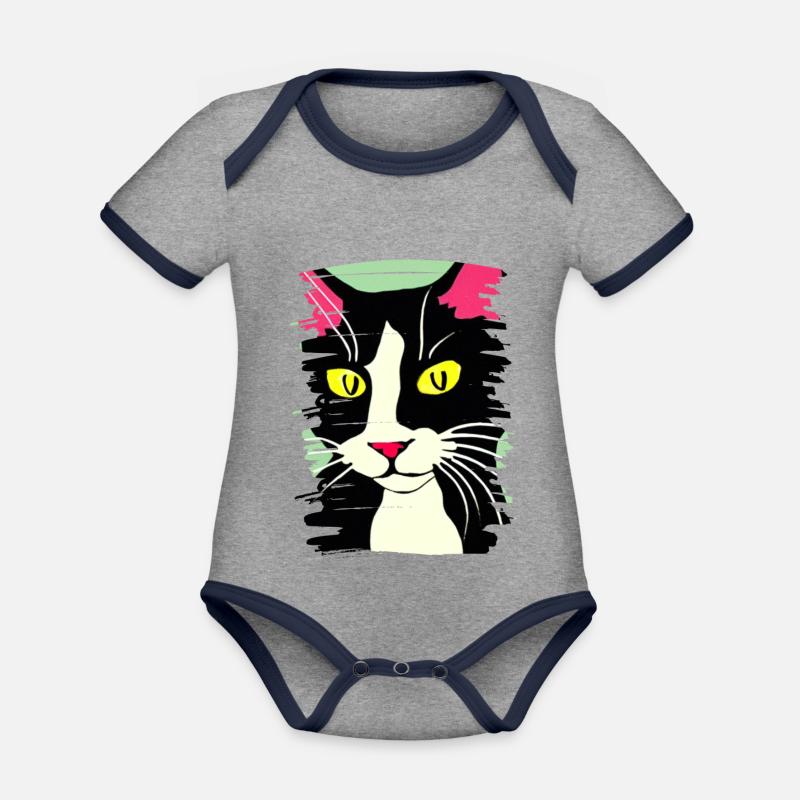 Face de chat 2 - Body Bébé bio contrasté manches courtes - gris chiné/bleu marine