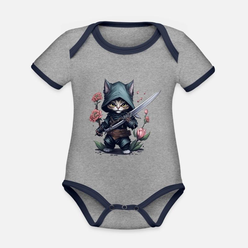 Die ultimative Ninja-Katze - Baby Bio-Kurzarm-Kontrastbody - Grau meliert/Navy