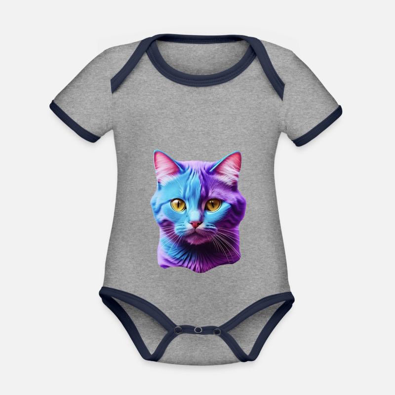 chat - Body Bébé bio contrasté manches courtes - gris chiné/bleu marine