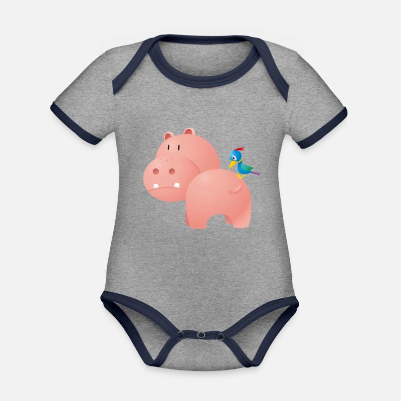 Nilpferd mit Vogel - Baby Bio-Kurzarm-Kontrastbody - Grau meliert/Navy