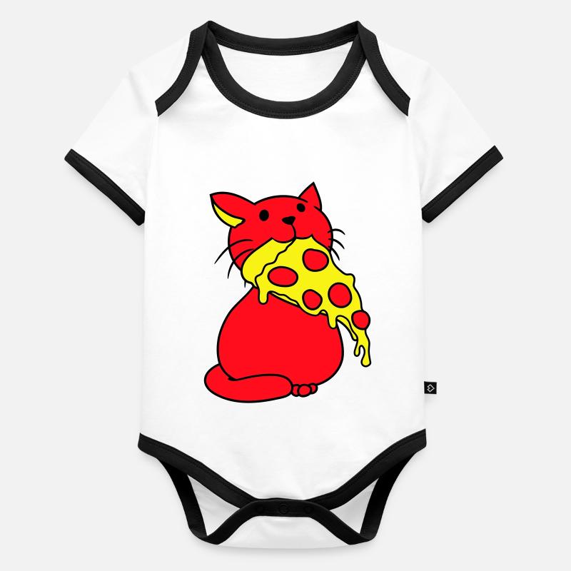 Chat mangeant du salami Pizza Faim Restauration rapide Body Bébé bio contrasté manches courtes