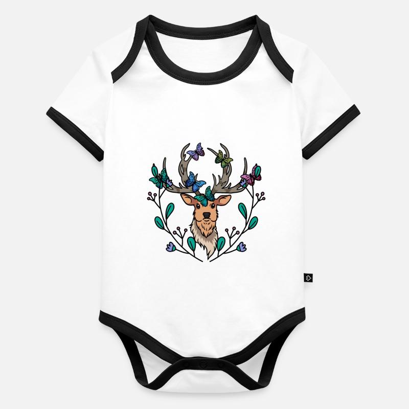 Elch Hirsch Fantasy Schmetterlinge Hirschkopf Baby Bio-Kurzarm-Kontrastbody