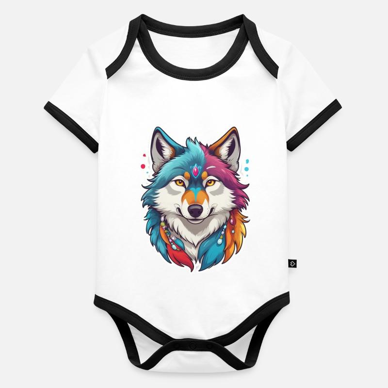 Wolf mit bunten Farben Baby Bio-Kurzarm-Kontrastbody