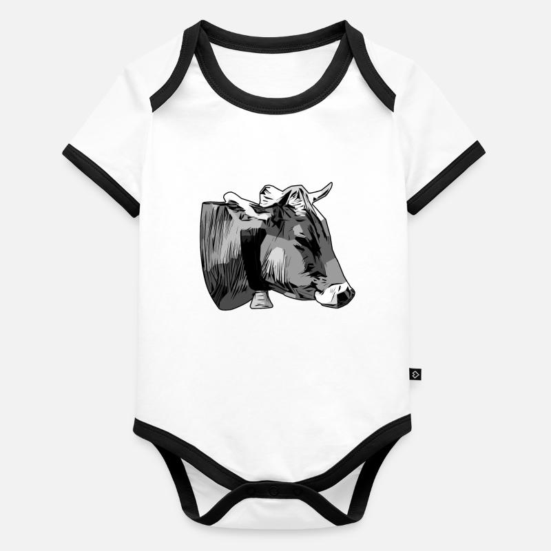 Impression de motif de tête d’animal de bovins gris avec taureau Body Bébé bio contrasté manches courtes