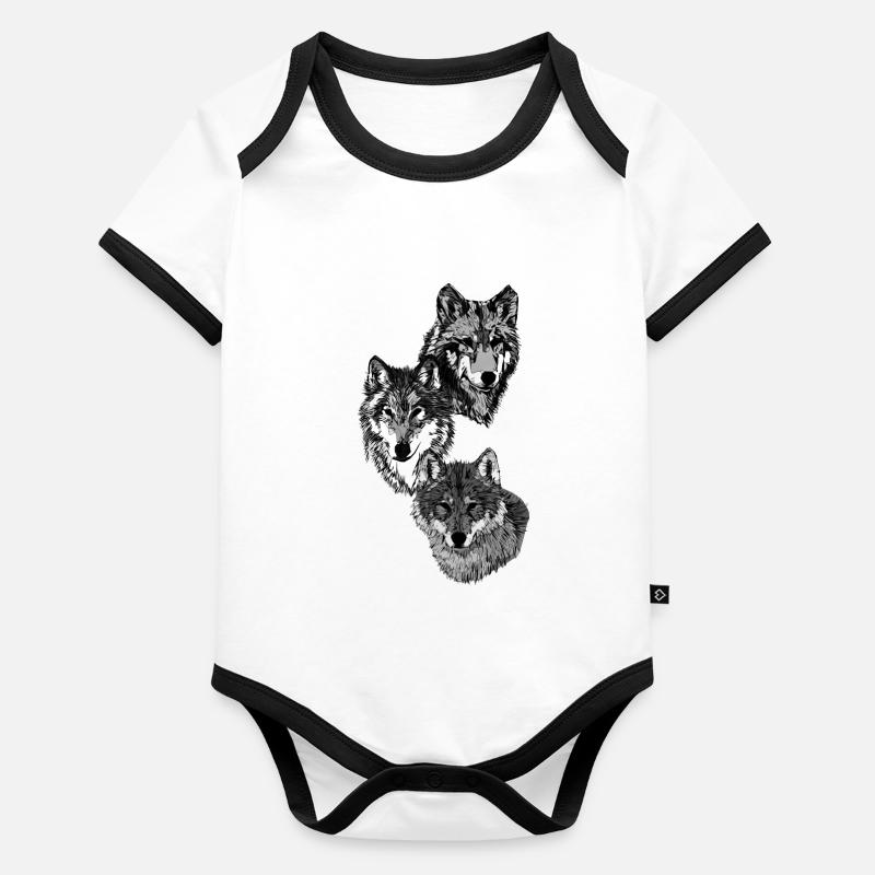 Three wolf heads in grey Organic Baby Contrasting Bodysuit