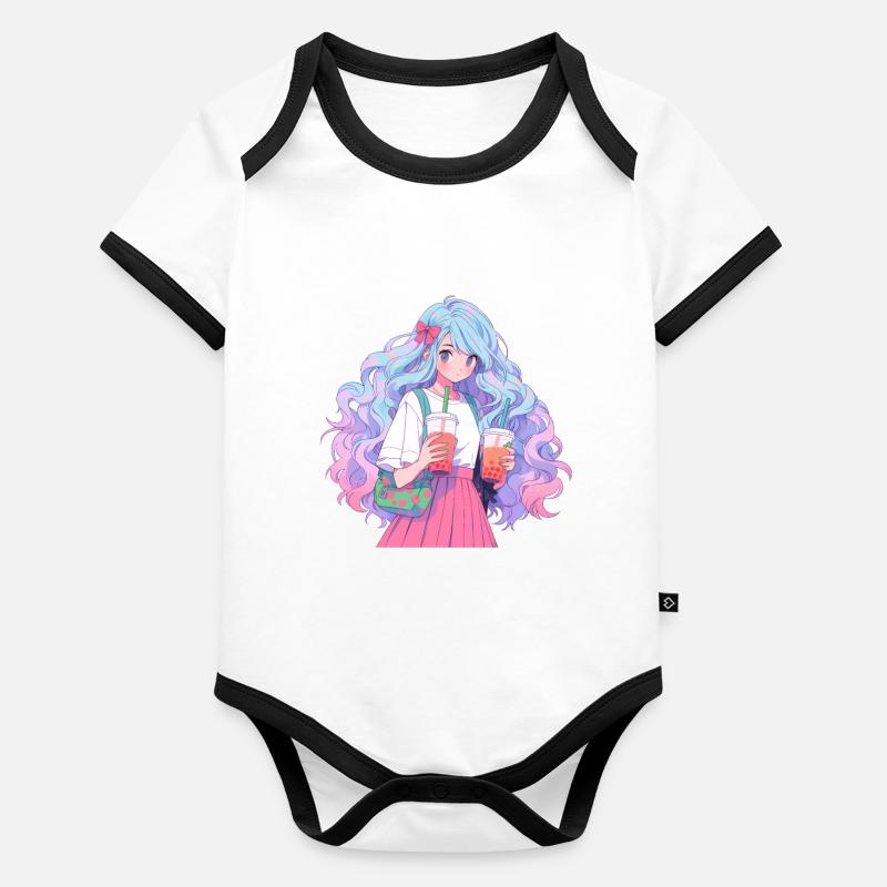 Anime et Boba Bubble Tea Body Bébé bio contrasté manches courtes