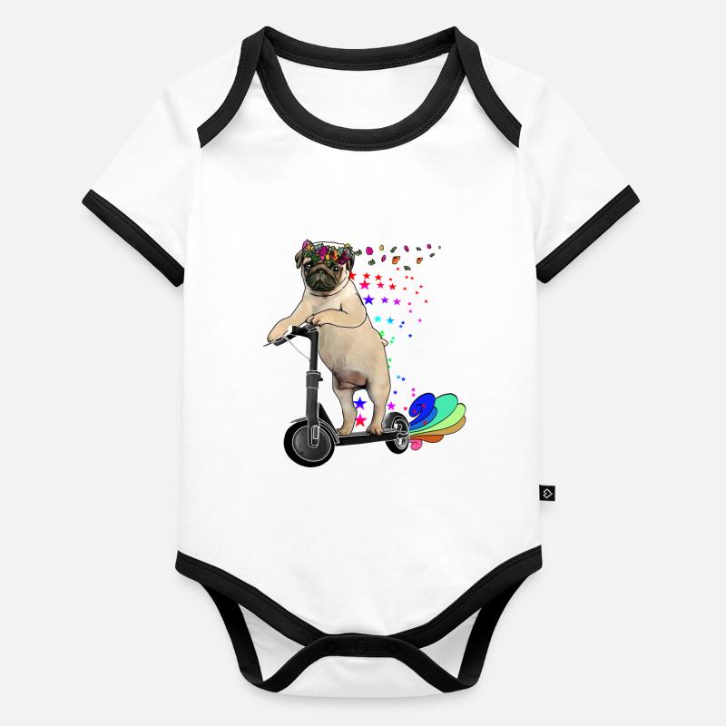 Mops mit Blumenkranz auf Escooter Electricscooter Baby Bio-Kurzarm-Kontrastbody