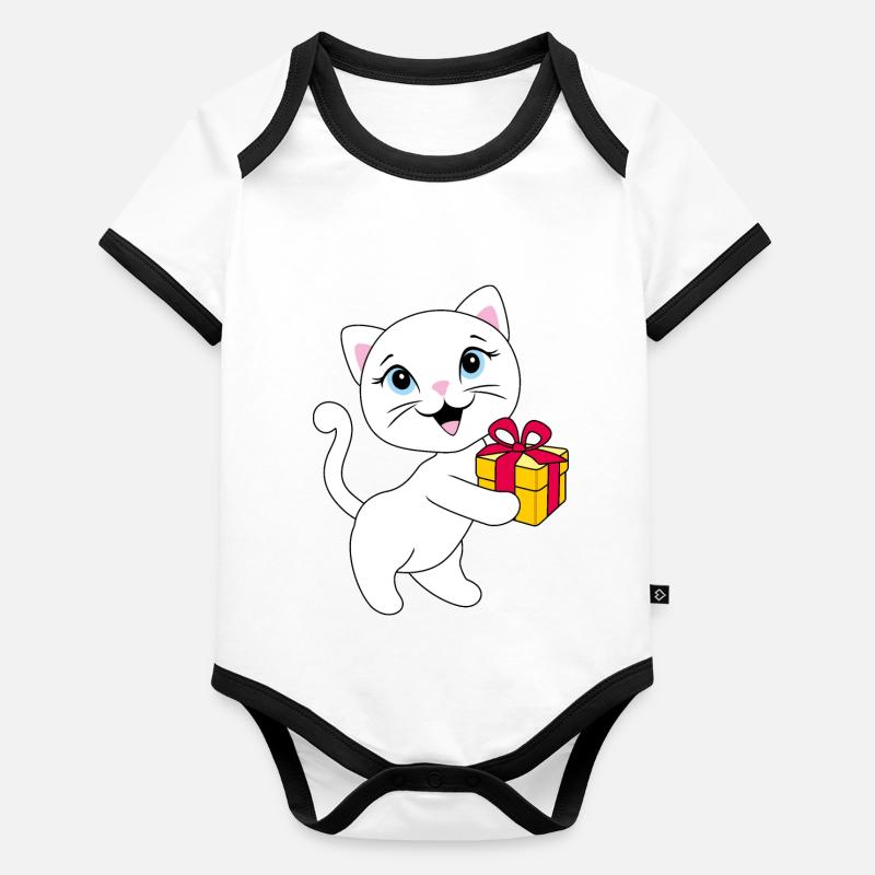 Chaton blanc mignon avec coffret cadeau Body Bébé bio contrasté manches courtes