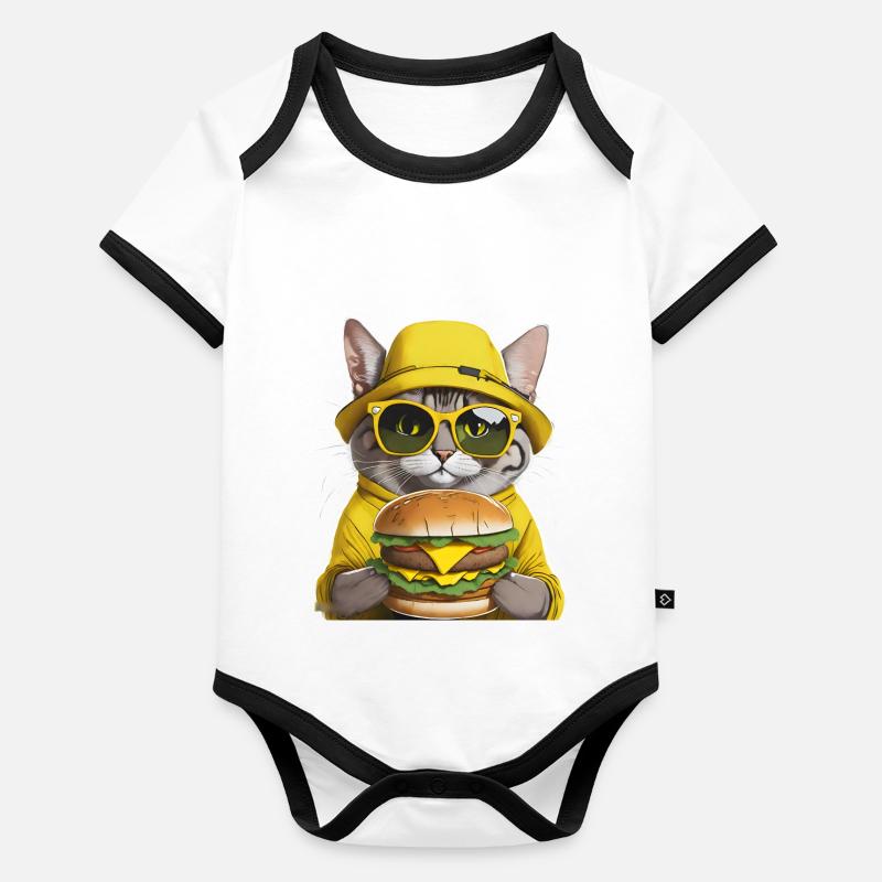 chat au chapeau jaune Body Bébé bio contrasté manches courtes