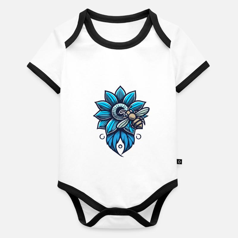 Fleur bleue avec abeille Body Bébé bio contrasté manches courtes