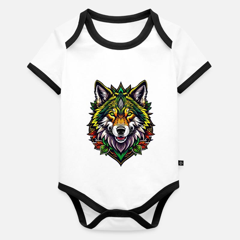 Illustration de loup coloré Body Bébé bio contrasté manches courtes