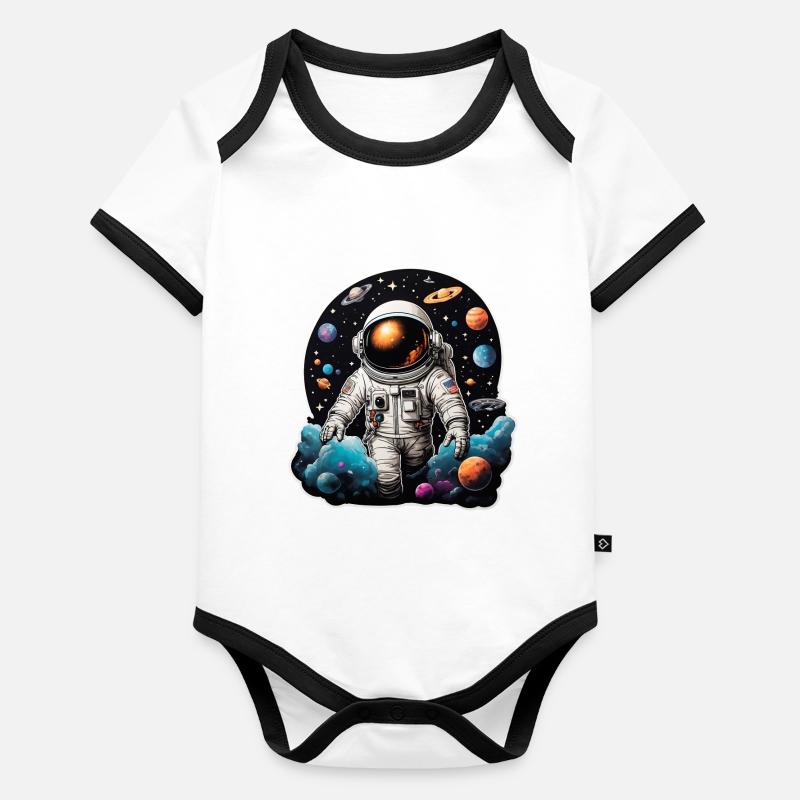 Astronaute sur la route dans l’espace avec des planètes Body Bébé bio contrasté manches courtes
