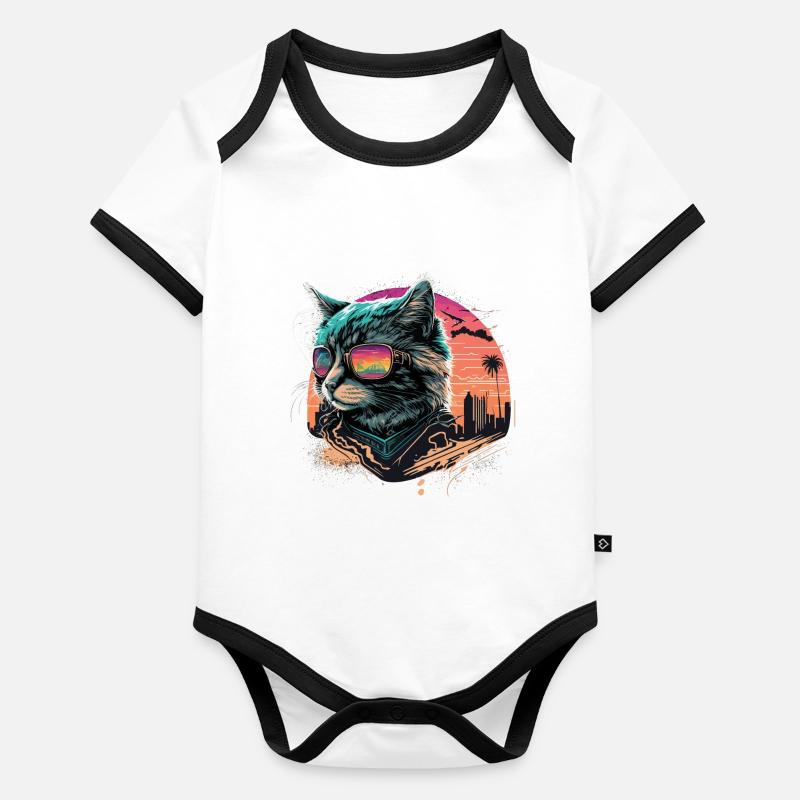 Chat de style synthwave Body Bébé bio contrasté manches courtes