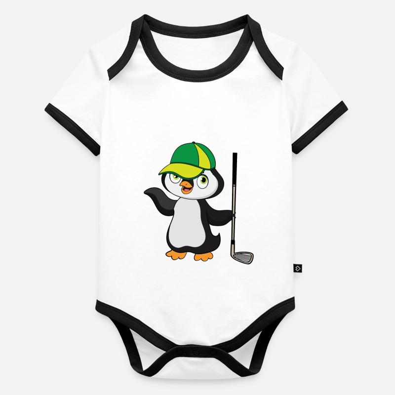 Golf spielender Pinguin mit Golfschläger und Kappe Baby Bio-Kurzarm-Kontrastbody