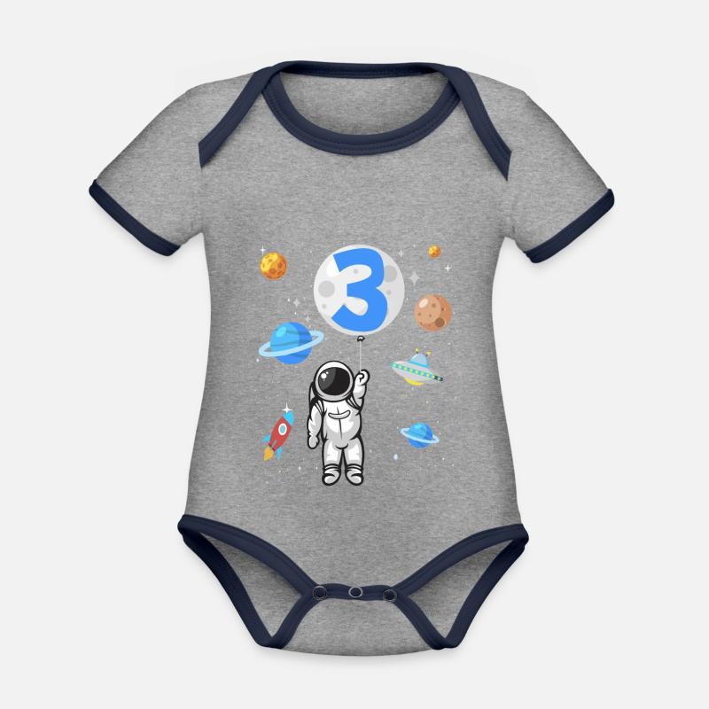 Astronaute fusée 3ème anniversaire de l’espace 3 ans - Body Bébé bio contrasté manches courtes - gris chiné/bleu marine