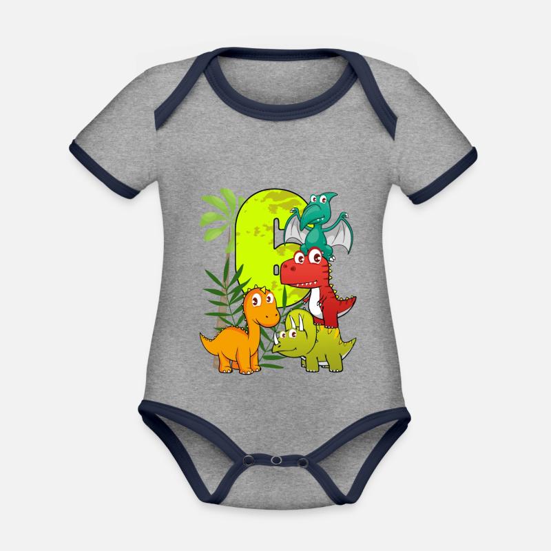 Garçon d'anniversaire de 6 ans six 6. Dino T-Rex - Body Bébé bio contrasté manches courtes - gris chiné/bleu marine