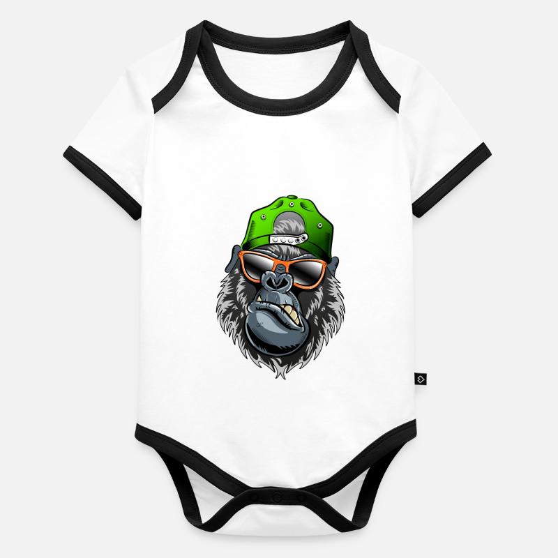 Gorille ou singe avec casquette de baseball, lunettes de soleil Body Bébé bio contrasté manches courtes