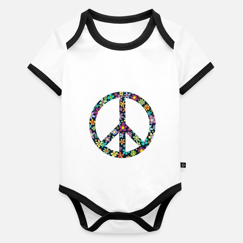 Peacezeichen, blumen, 70iger, hippie, frieden, Baby Bio-Kurzarm-Kontrastbody