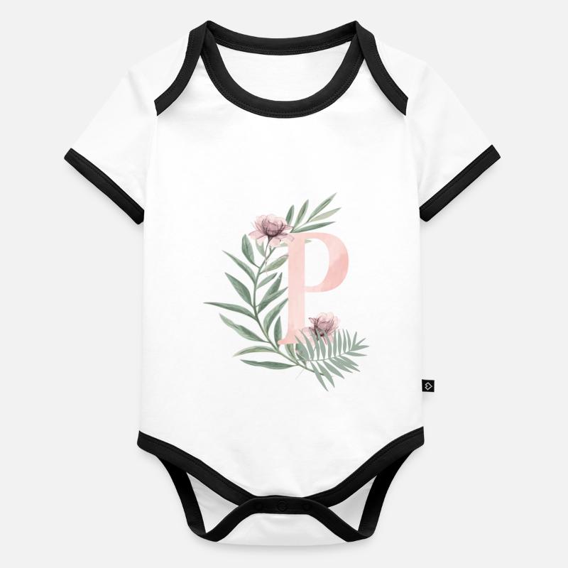 Lettre P avec des fleurs Body Bébé bio contrasté manches courtes