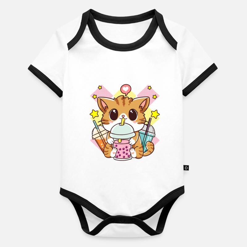 Mignon Chat Boba Thé Bubble Tea Anime Kawaii Neko Body Bébé bio contrasté manches courtes