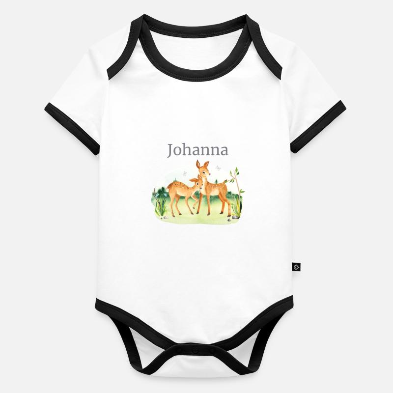 Forêt Animaux Cerf Fleurs Nom Johann Body Bébé bio contrasté manches courtes