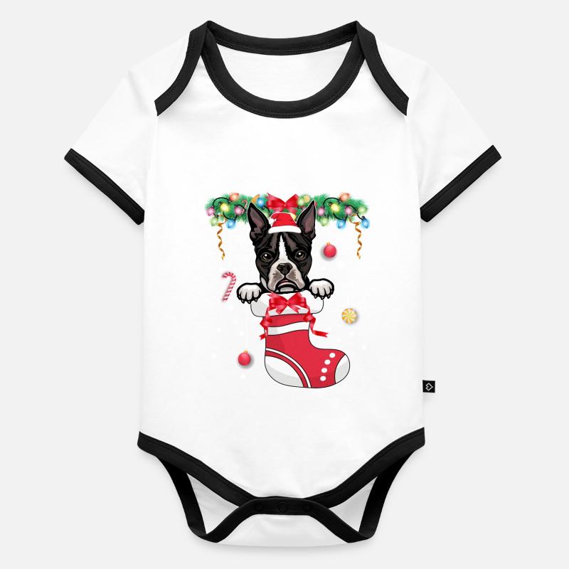 Drôle de Noël - Mignon chien Boston Terrier à Noël Body Bébé bio contrasté manches courtes