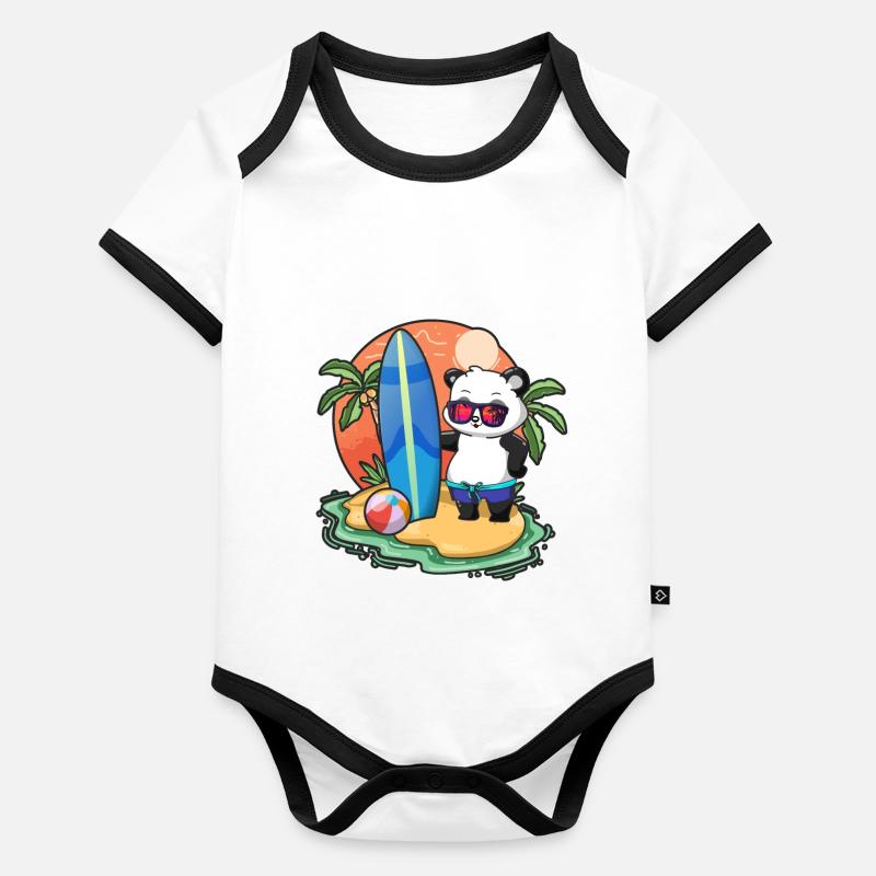 Drôle Panda Surf Lovers Cool Planche de surf Jeu de mots Body Bébé bio contrasté manches courtes