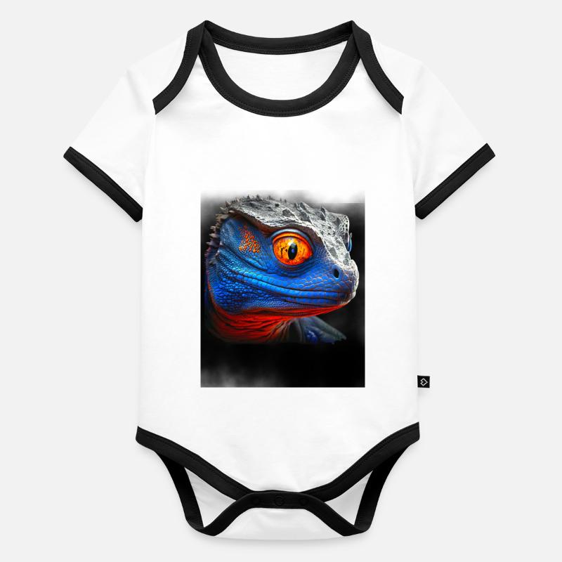 Blue and orange dinosaur lizard head Organic Baby Contrasting Bodysuit