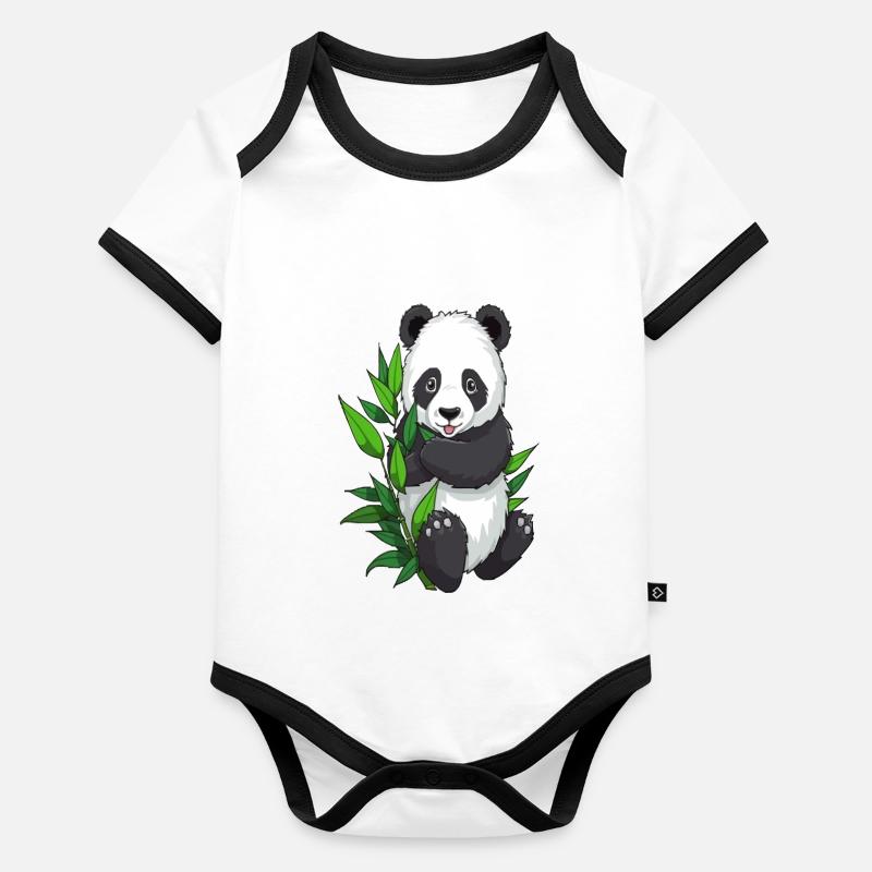 Panda avec branche de bambou Body Bébé bio contrasté manches courtes
