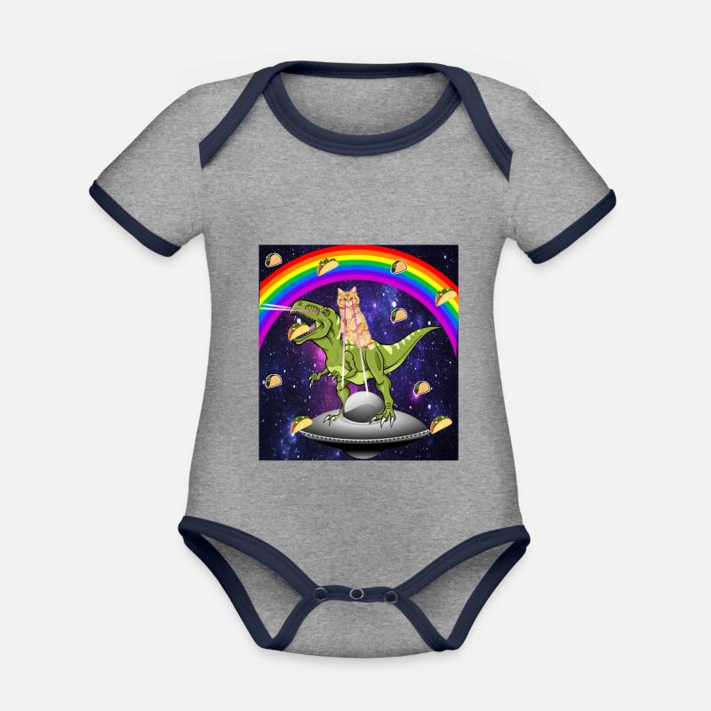 Kitty Rainbow Laser Eye T Rex Riding Space Cat - Body Bébé bio contrasté manches courtes - gris chiné/bleu marine