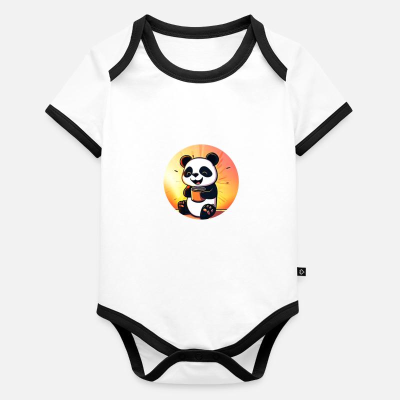 Süßer Panda sitzt und trinkt KAFFEE Baby Bio-Kurzarm-Kontrastbody