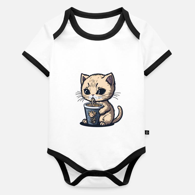 Chaton kawaii mangeant des ramen Body Bébé bio contrasté manches courtes