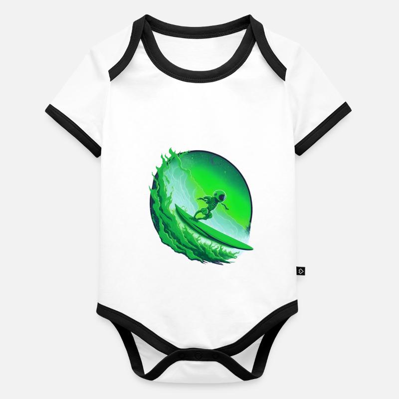 Galactic Green Alien Surfer Body Bébé bio contrasté manches courtes