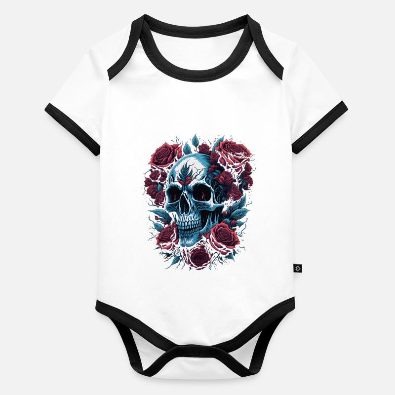 Crâne avec des fleurs de roses Body Bébé bio contrasté manches courtes