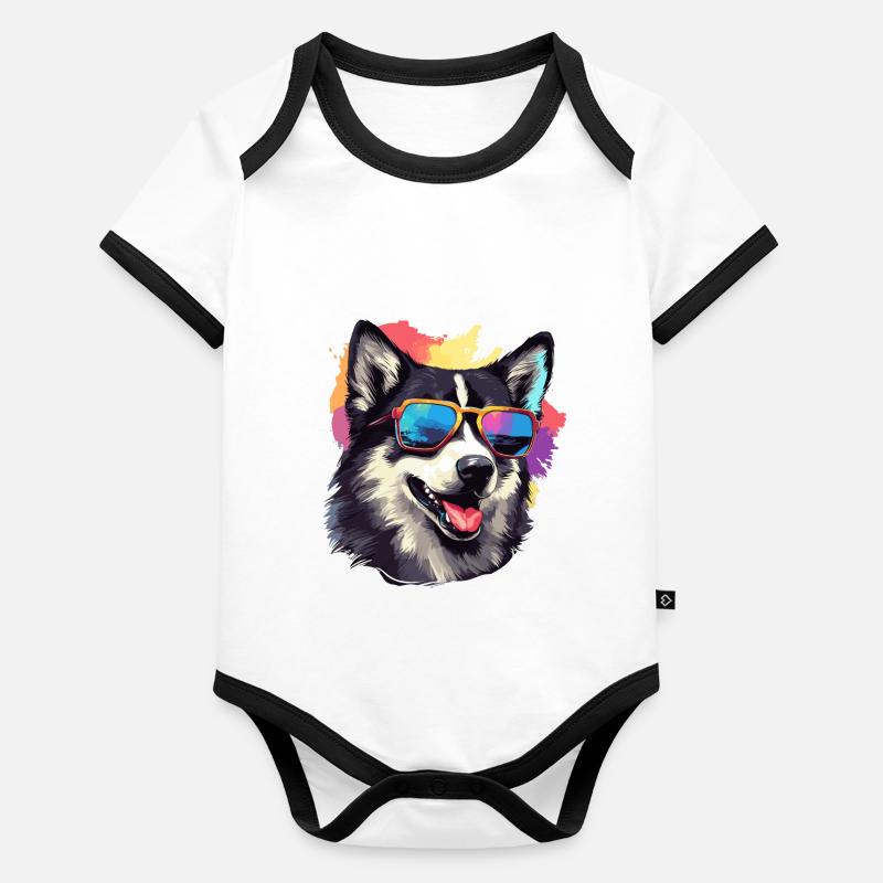 Bunte Alaskan Husky-Hunderasse mit Sonnenbrille Baby Bio-Kurzarm-Kontrastbody