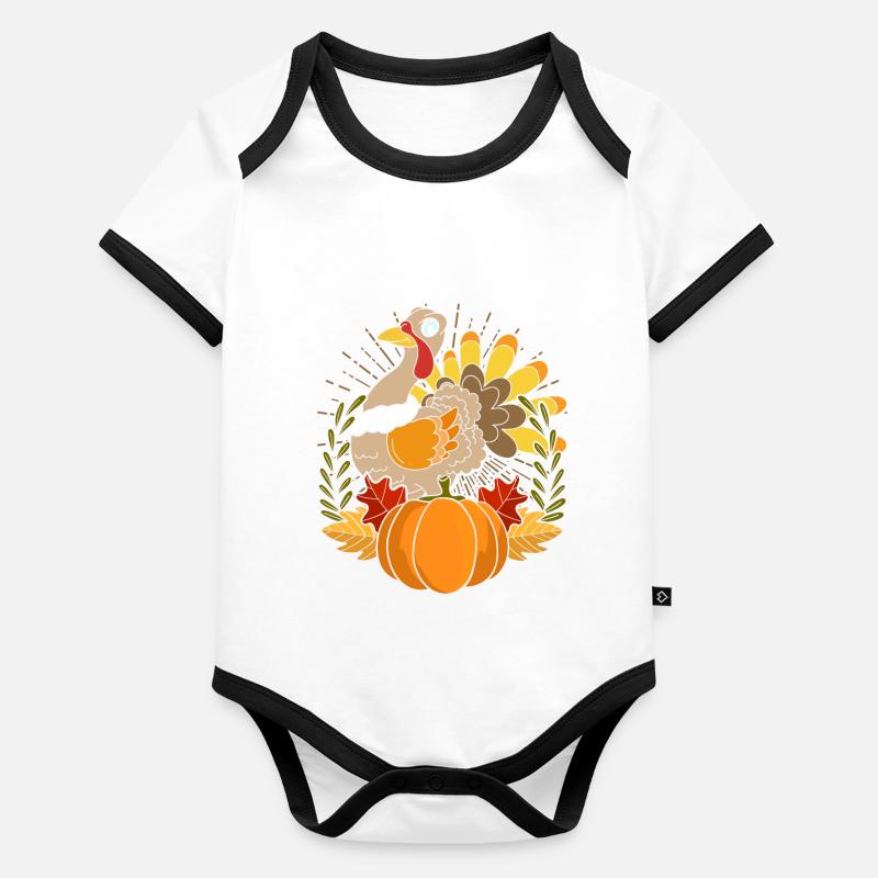 Feuillage d’automne Oiseau Citrouille Animal Cadeau Dinde Body Bébé bio contrasté manches courtes