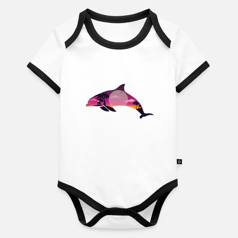 Dolphin Palm Tree Sunset Baby Bio-Kurzarm-Kontrastbody