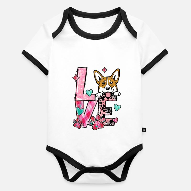 Corgi Dog J’aime mon chien Saint Valentin Body Bébé bio contrasté manches courtes