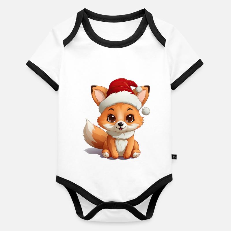 Patte de Noël : Renard mignon avec chapeau 2 Body Bébé bio contrasté manches courtes