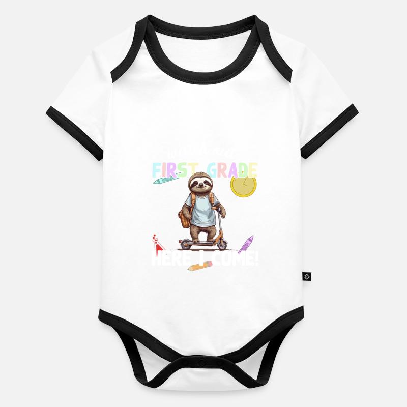cooles Faultier auf Roller Einschulung und Schule Baby Bio-Kurzarm-Kontrastbody