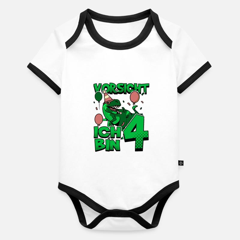 4th Birthday, 4 Years Old Dinosaur Dino Organic Baby Contrasting Bodysuit