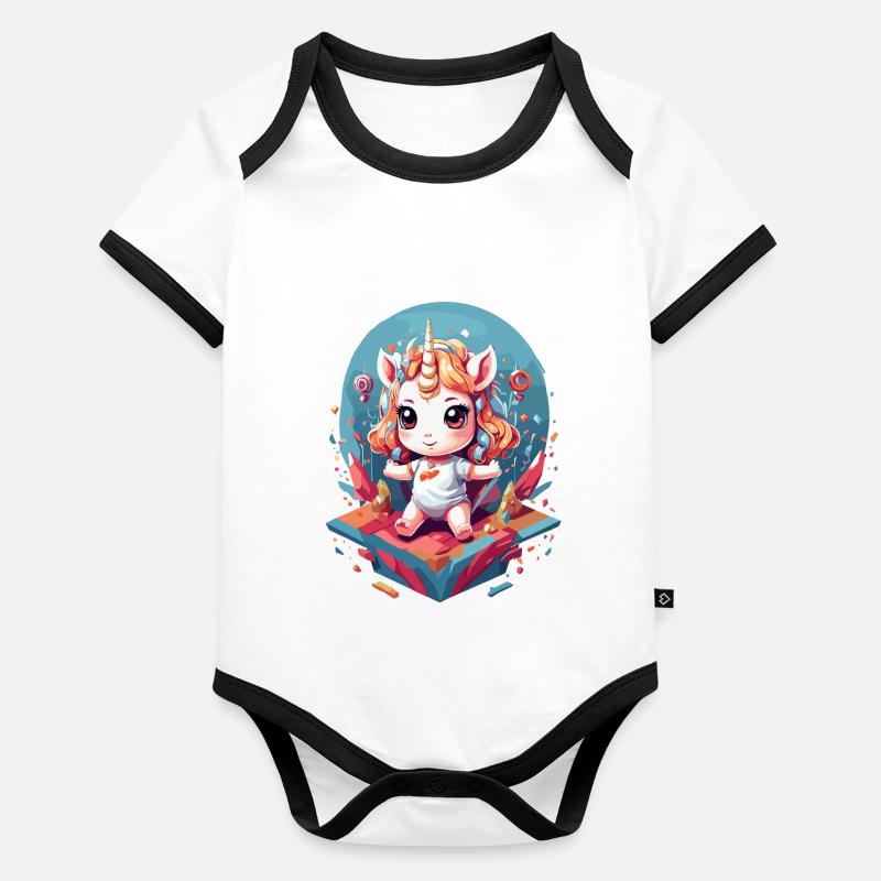 Design unique de licorne mignonne d’anniversaire Body Bébé bio contrasté manches courtes