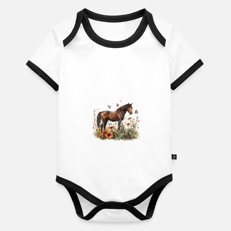 Cheval brun dans un champ de fleurs avec des papillons Body Bébé bio contrasté manches courtes