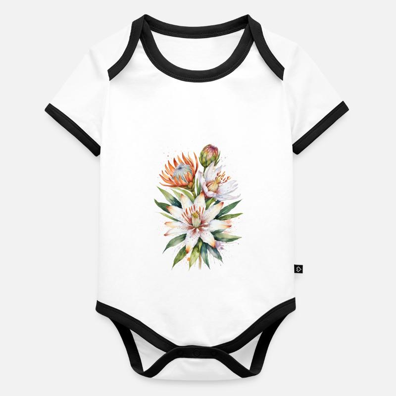 Lys asiatiques et fleurs de Protea Art de l’aquarelle Body Bébé bio contrasté manches courtes