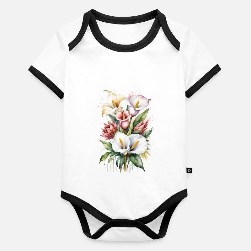 Lys Calla et fleurs de Protea à l’aquarelle Body Bébé bio contrasté manches courtes