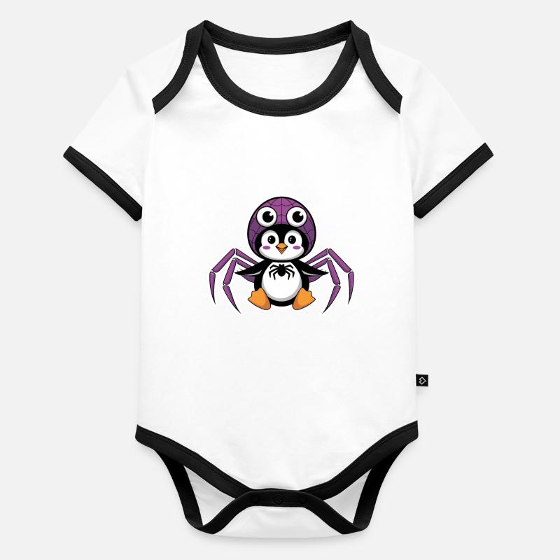 Pingouin mignon en costume d’araignée d’Halloween Body Bébé bio contrasté manches courtes
