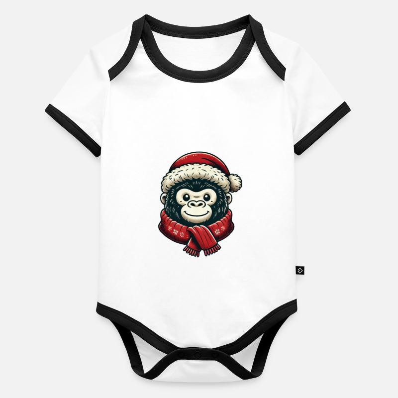 Singe souriant avec chapeau de père Noël et écharpe Body Bébé bio contrasté manches courtes